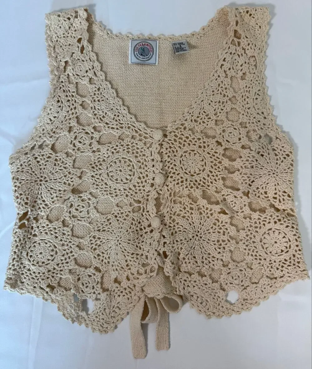 Vintage Cape Isle Knitters Crochet Sweater Vest Ramie Cotton Tie Back Boho